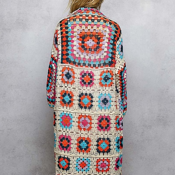 New POL Long Crochet Granny Square Duster Cardigan Boho Multicolor One Size - Picture 12 of 12